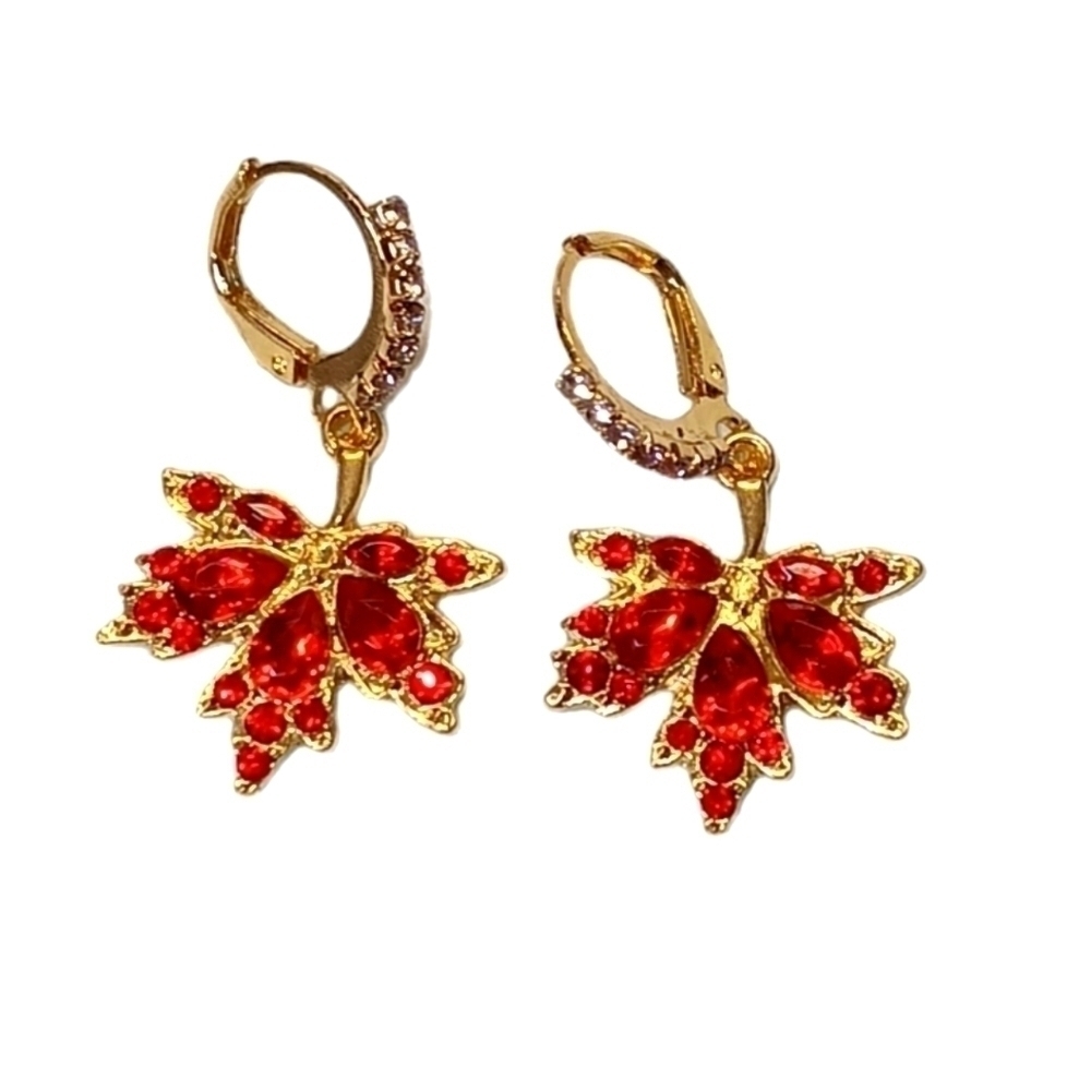 Maple Leaf Earrings Faux RUBY GOLD DIAMOND‎ Sparkly Dainty Red Fashion Fall NEW